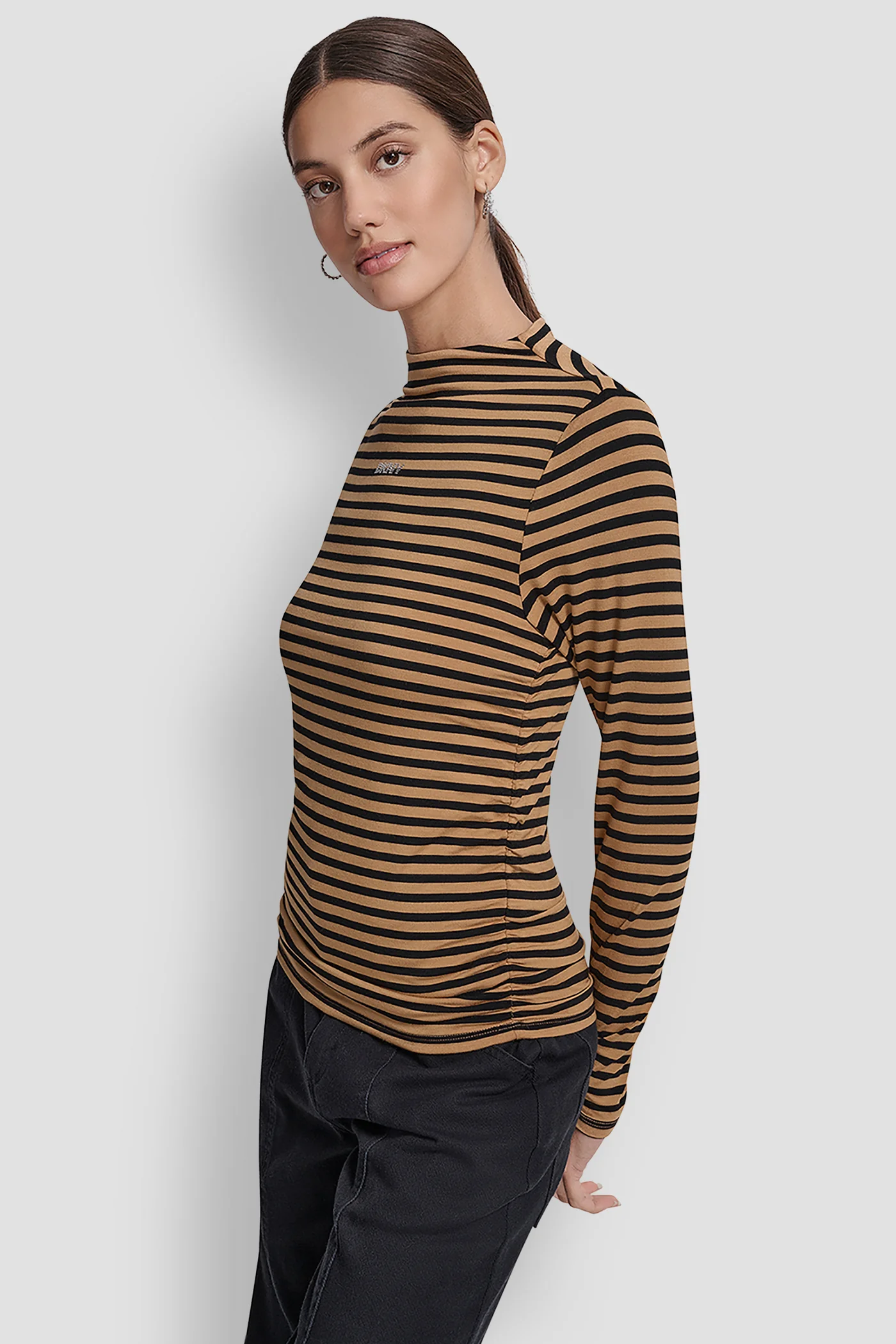 SIDE RUCHED HIGH NECK LONG SLEEVE TOP WITH RHINESTONE - Image 3